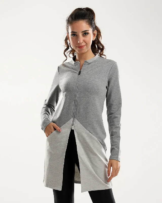 Heather Grey Shades Zipped Long Sweatshirt With Front Pockets Hoodie Jacket Zipper Layering Heather Grey Shades Zipped Long Sweatshirt With Front Pockets Hoodie Jacket Zipper Layering