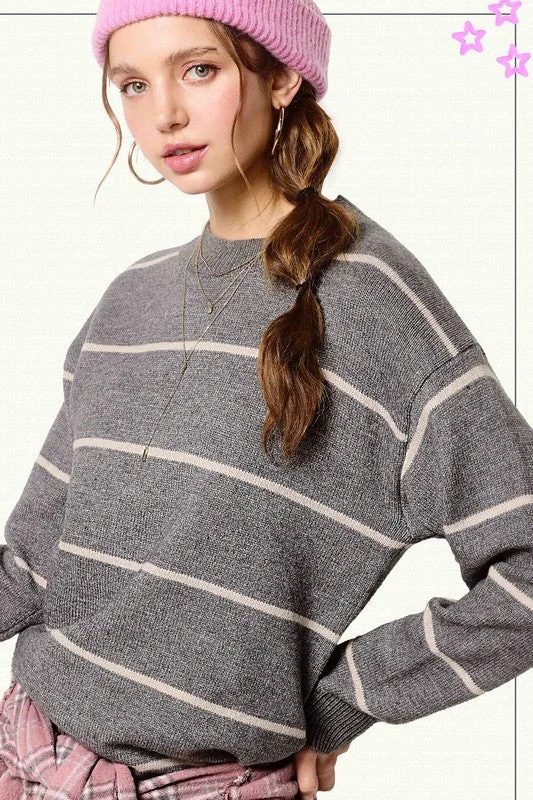 Looking Good Dark Grey Stripe Sweater Top Open Front Closed Front Wrap Front