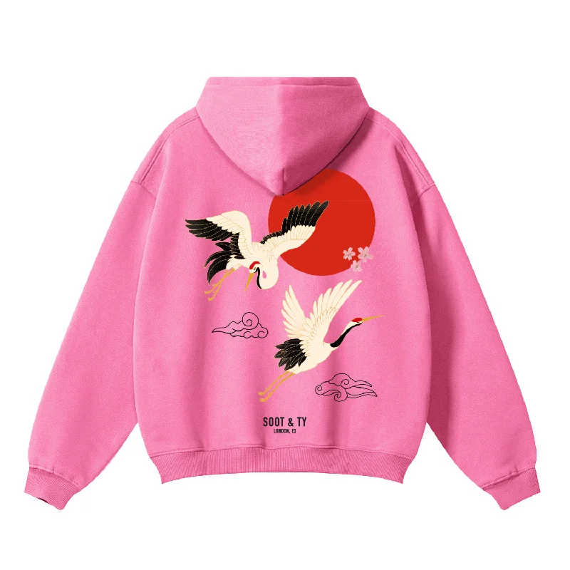 Soot and Ty Reflective Flying Cranes Print Relaxed Fit Pink Hoodie Hoodie with Zipper Placket Modern Functional Soot and Ty Reflective Flying Cranes Print Relaxed Fit Pink Hoodie Hoodie with Zipper Placket Modern Functional