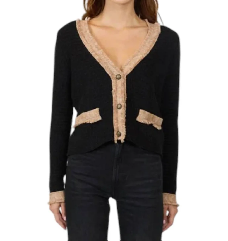 Fringe Trimmed V-Neck Jacket In Black Combo Zippered Front Buttoned Front Snap Front Fringe Trimmed V-Neck Jacket In Black Combo Zippered Front Buttoned Front Snap Front