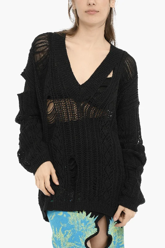 RAMAEL Perforated V-Neck Maxi Sweater With Cut-Out Details Xs Standard size Front Pockets Side Pockets Patch Pockets