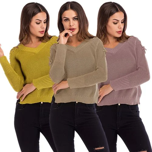 Solid Lace Up Short Sweater Women's Spring Loose Casual V-Neck Sweater Lace Blend Ribbed Blend Corduroy Blend Solid Lace Up Short Sweater Women's Spring Loose Casual V-Neck Sweater Lace Blend Ribbed Blend Corduroy Blend