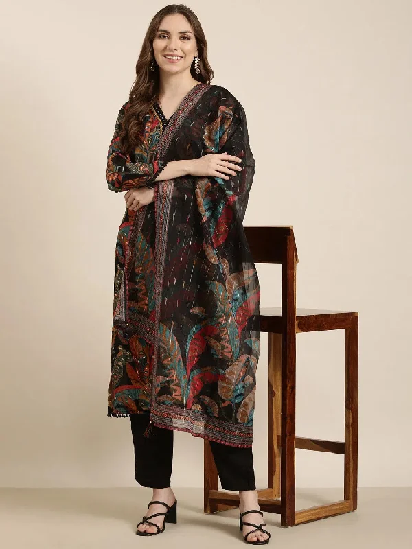 Women Straight Black Floral Kurta and Trousers Set Comes With Dupatta-GW-4554-Black Trousers cozy comfortable Women Straight Black Floral Kurta and Trousers Set Comes With Dupatta-GW-4554-Black Trousers cozy comfortable