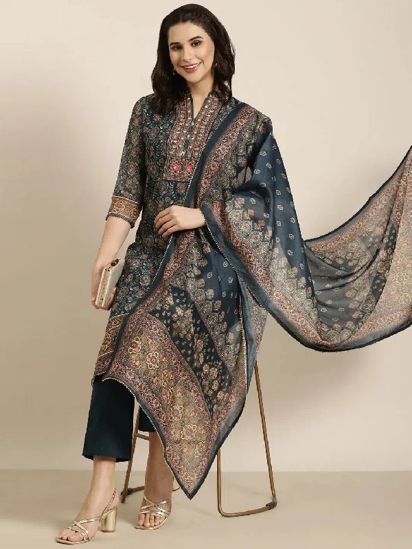Women Straight Teal Ethnic Motifs Kurta and Trousers Set Comes With Dupatta-TF-DG-221-Teal Trousers luxurious high-end Women Straight Teal Ethnic Motifs Kurta and Trousers Set Comes With Dupatta-TF-DG-221-Teal Trousers luxurious high-end