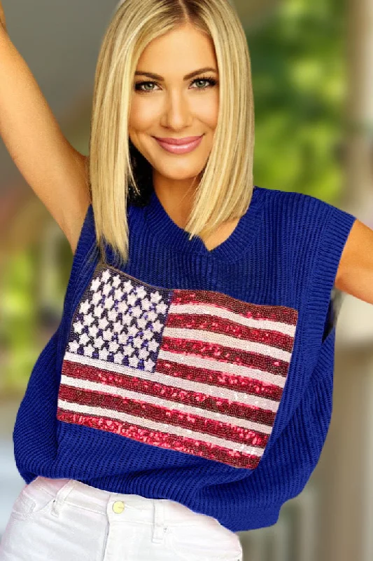Sequined Flag Sweater Top - Blue Striped Floral Plaid