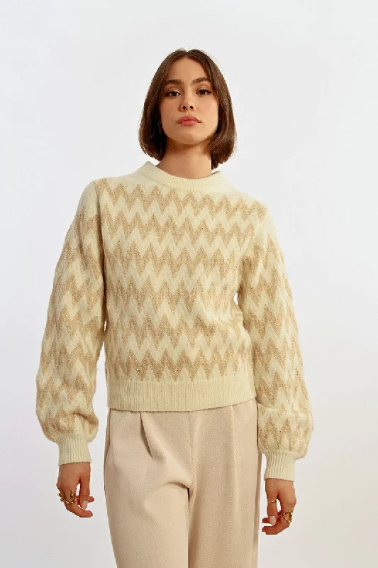 MBN Gold Tinsel Chevron Sweater Boat Neck Shawl Collar Notched Collar