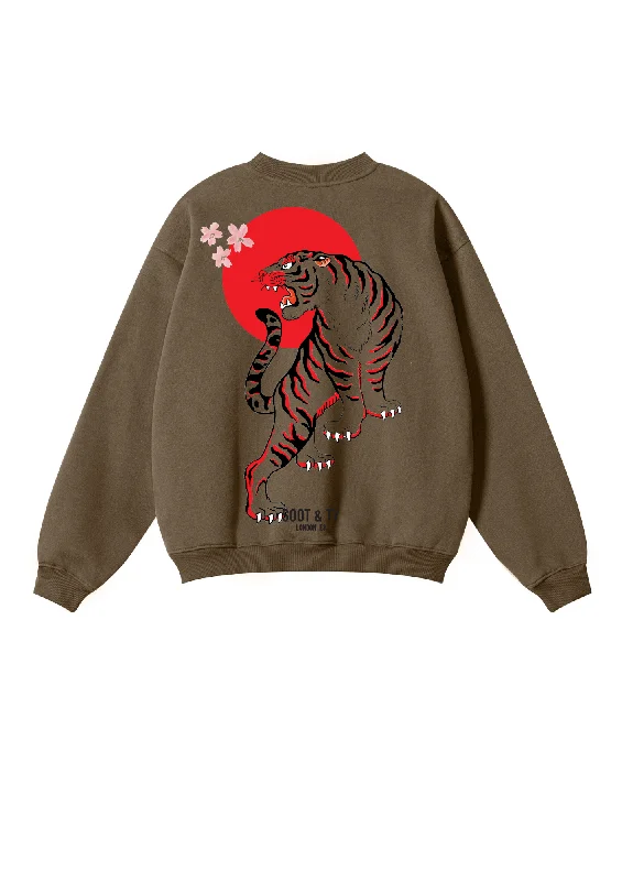 Soot and Ty Reflective Tiger Print Relaxed Fit Brown Sweatshirt Hoodie with Half-Zip Sporty Casual Soot and Ty Reflective Tiger Print Relaxed Fit Brown Sweatshirt Hoodie with Half-Zip Sporty Casual