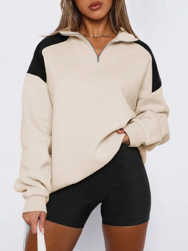 Hazel Blues® | Contrast Quarter Zip Long Sleeve Sweatshirt Hoodie with Hem Raw Edge Edgy Unfinished Hazel Blues® | Contrast Quarter Zip Long Sleeve Sweatshirt Hoodie with Hem Raw Edge Edgy Unfinished