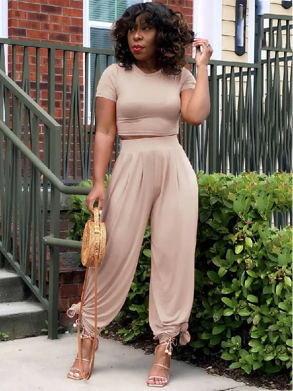 2 Piece Solid Color Short Sleeve Crop Top+Wide Leg Pant Sets Graphic Embroidered Appliqued 2 Piece Solid Color Short Sleeve Crop Top+Wide Leg Pant Sets Graphic Embroidered Appliqued