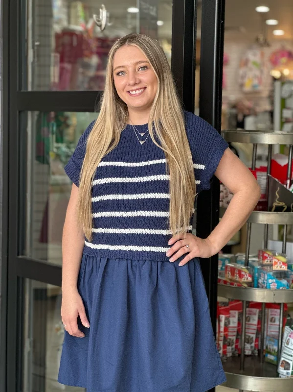 Navy Striped Sweater Vest Top Dress Fitted Slim Tailored