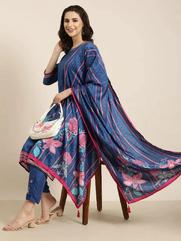 Women Straight Blue Floral Kurta and Trousers Set Comes With Dupatta-UB-3144-Blue Cropped Trousers Casual Linen Women Straight Blue Floral Kurta and Trousers Set Comes With Dupatta-UB-3144-Blue Cropped Trousers Casual Linen