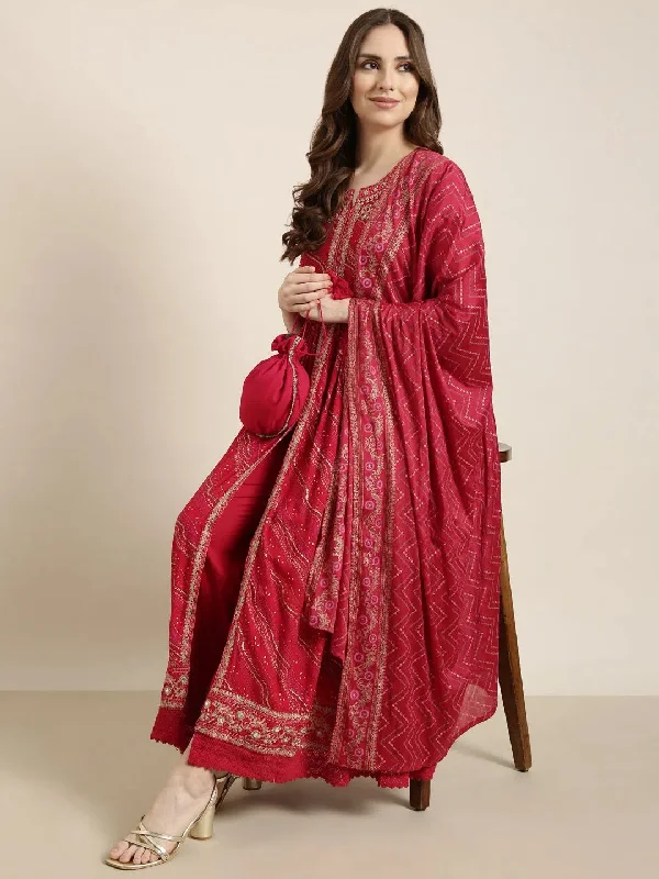 Women Anarkali Pink Geometric Kurta and Trousers Set Comes With Dupatta and Potli Bag and Waist Belt-GW-4352-Pink Trousers Running Lightweight Women Anarkali Pink Geometric Kurta and Trousers Set Comes With Dupatta and Potli Bag and Waist Belt-GW-4352-Pink Trousers Running Lightweight
