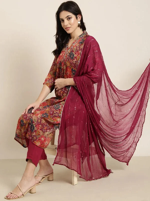 Women Straight Maroon Floral Kurta and Trousers Set Comes With Dupatta-DK-3551-Maroon Trousers Satin Smooth Women Straight Maroon Floral Kurta and Trousers Set Comes With Dupatta-DK-3551-Maroon Trousers Satin Smooth