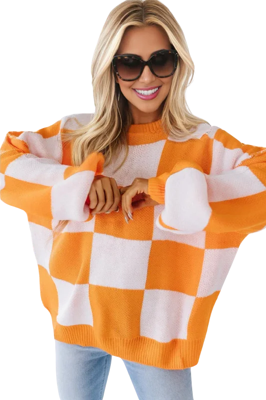 Checkered Sweater - Orange Cable Knit Ribbed Knit Lace Knit