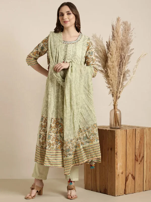 Women Anarkali Green Ethnic Motifs Kurta and Trousers Set Comes With Dupatta-RJF-2175-Green Trousers sophisticated sleek Women Anarkali Green Ethnic Motifs Kurta and Trousers Set Comes With Dupatta-RJF-2175-Green Trousers sophisticated sleek