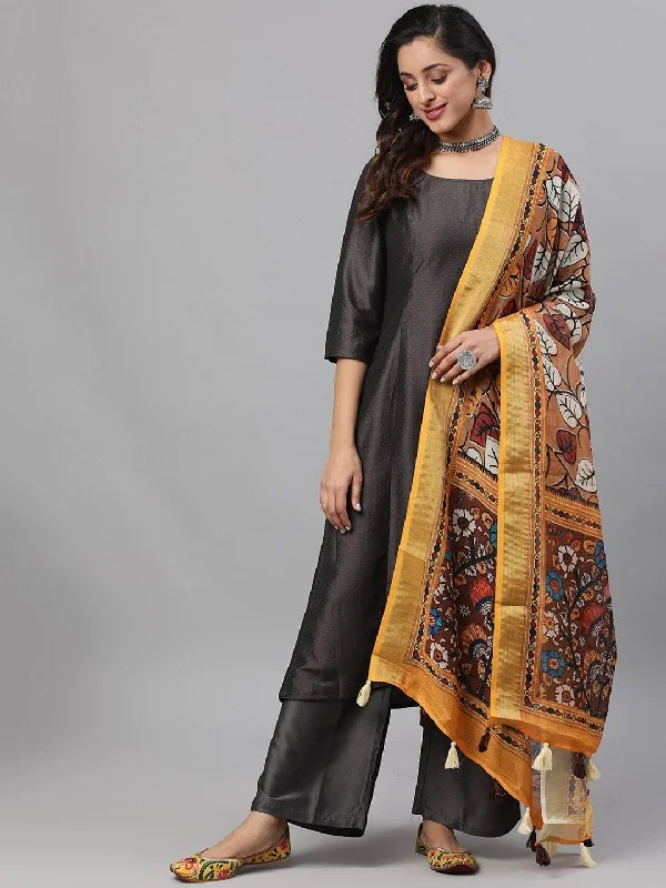 Women's Black & Mustard Yellow Self Design Kurta with Trousers & Dupatta - AKS Trousers versatile functional Women's Black & Mustard Yellow Self Design Kurta with Trousers & Dupatta - AKS Trousers versatile functional