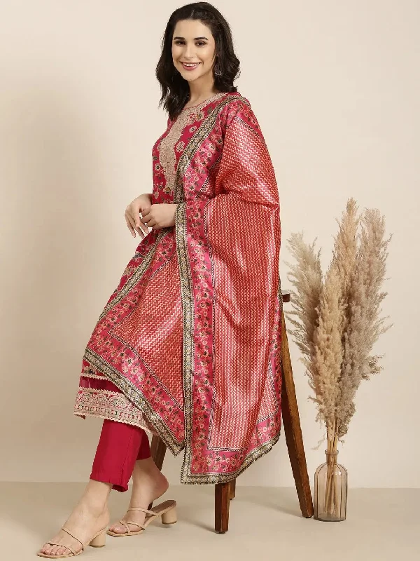 Women Straight Pink Floral Kurta and Trousers Set Comes With Dupatta-GW-4611-Pink Trousers Party Sparkling Women Straight Pink Floral Kurta and Trousers Set Comes With Dupatta-GW-4611-Pink Trousers Party Sparkling