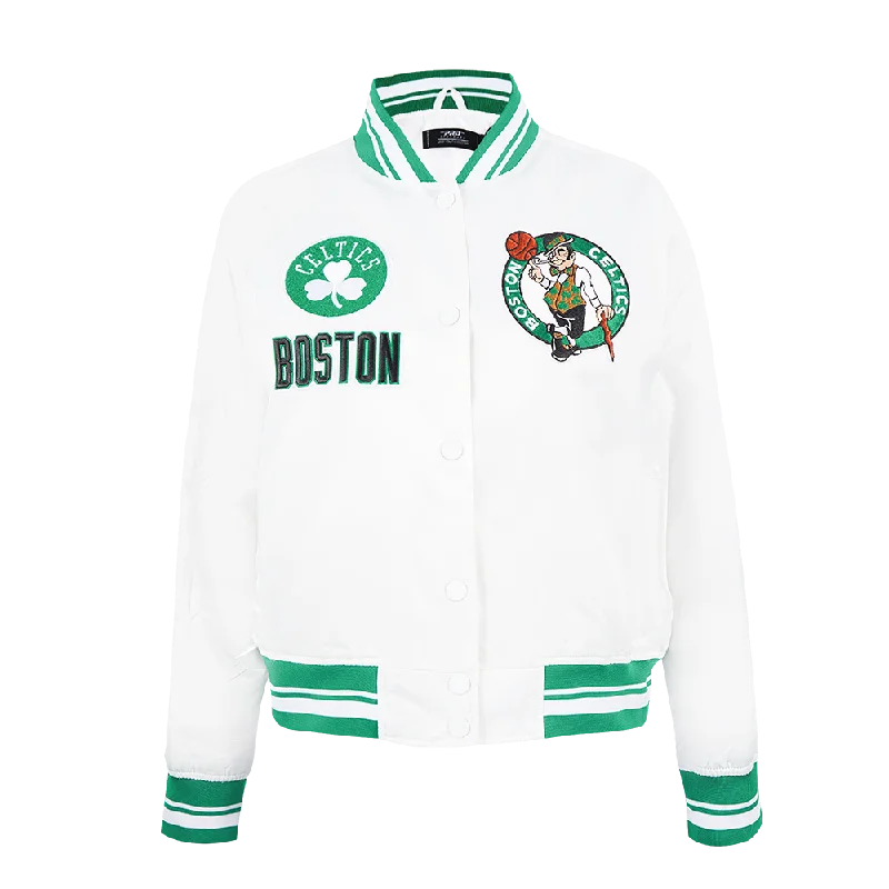 NBA BOSTON CELTICS RETRO CLASSIC WOMEN'S RIB SATIN JACKET (WHITE/GREEN) Fitted Jacket Loose Jacket Oversized Jacket NBA BOSTON CELTICS RETRO CLASSIC WOMEN'S RIB SATIN JACKET (WHITE/GREEN) Fitted Jacket Loose Jacket Oversized Jacket