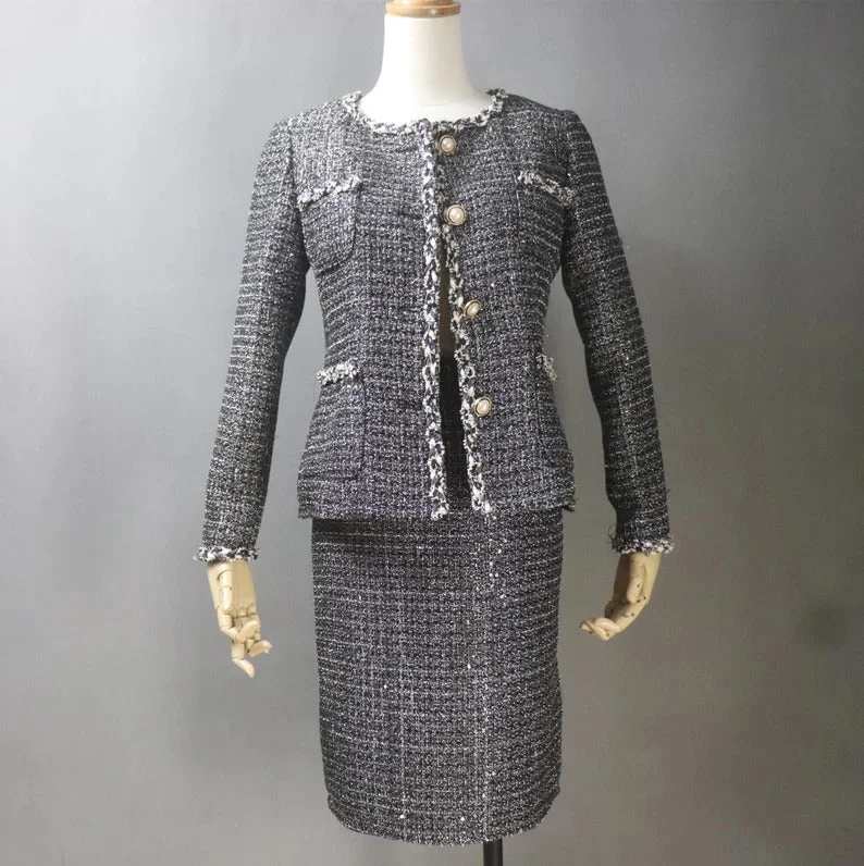 Women Custom Made Tweed Dark Grey Jacket + Dress/Shorts/ Pencil Skirt Suit Mesh Jacket Canvas Jacket Denim Jacket