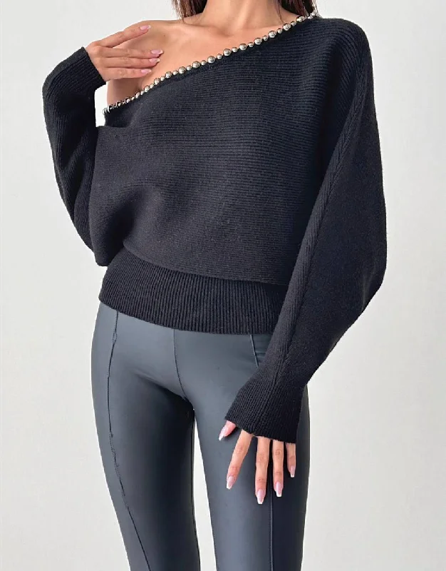 Off-Shoulder Knit Sweater - Black Soft Cozy Warm