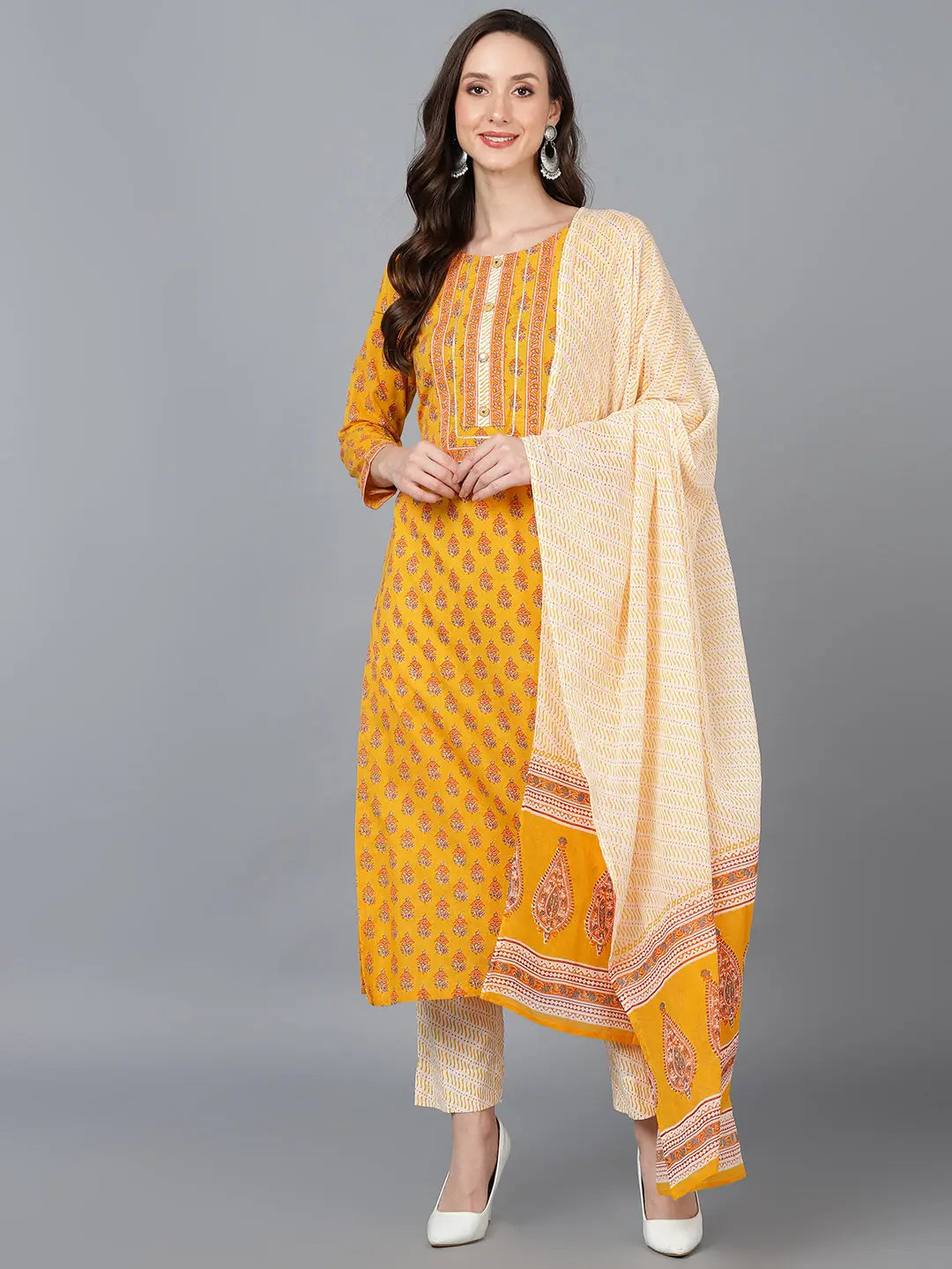 Ahika Women Mustard Pure Cotton Floral Printed Kurta Trousers With Dupatta Trousers cozy soft Ahika Women Mustard Pure Cotton Floral Printed Kurta Trousers With Dupatta Trousers cozy soft