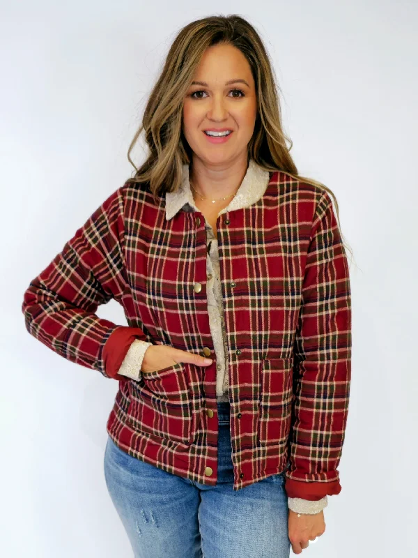 ROUND NECK SNAP BUTTON PLAID QUILTED JACKET - BRICK RED Plaid Jacket Tartan Jacket Houndstooth Jacket