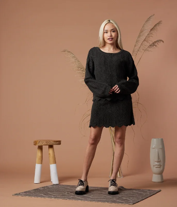 Lux Sweater Skirt - Washed Black Boat Neck Shawl Collar Notched Collar