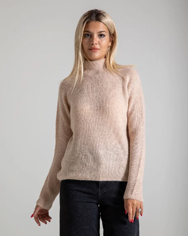 Turtleneck Long Sleeve Mohair Sweater - Beige Herringbone Houndstooth Plaid