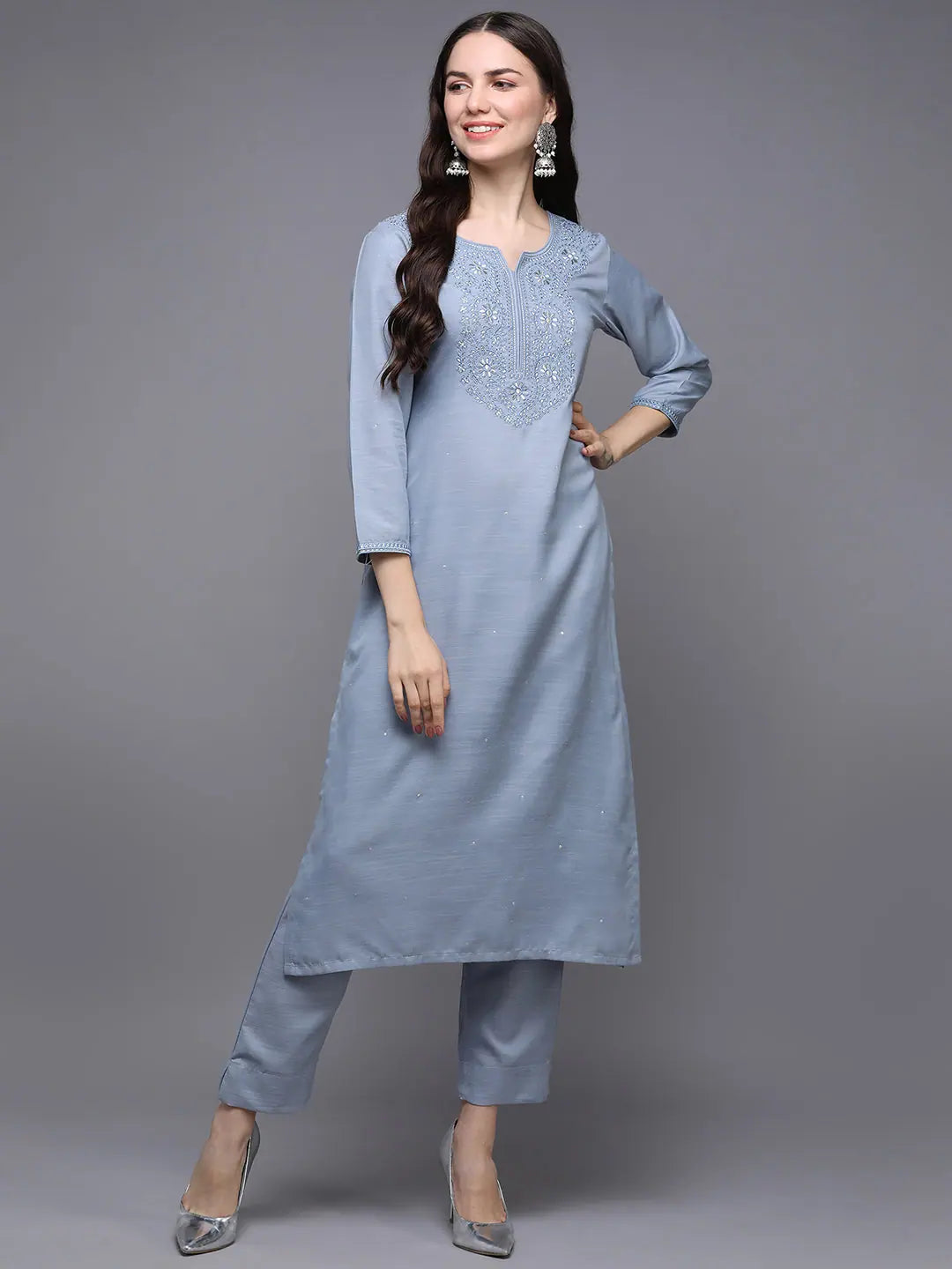 Silk Blend Blue Embroidered Straight Kurta With Trouser-VKSET1449_XS Trousers Sale Discount Silk Blend Blue Embroidered Straight Kurta With Trouser-VKSET1449_XS Trousers Sale Discount