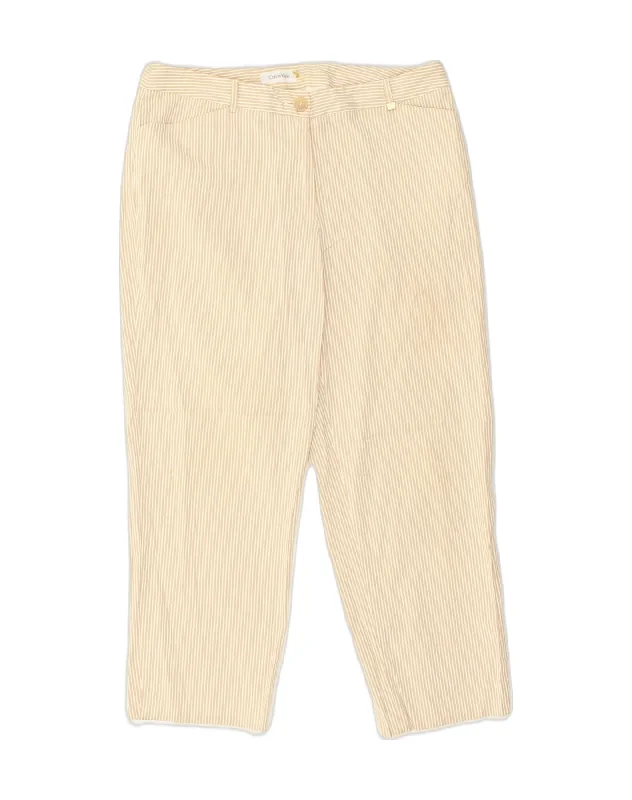 CALVIN KLEIN Womens Tapered Casual Trousers W34 L26 Beige Pinstripe Cotton Trousers Leather Faux CALVIN KLEIN Womens Tapered Casual Trousers W34 L26 Beige Pinstripe Cotton Trousers Leather Faux