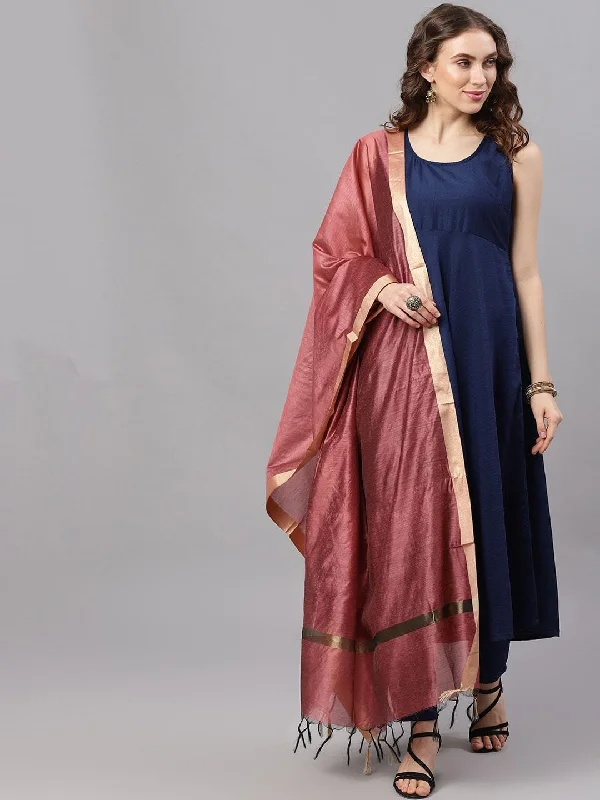 Women's Navy Blue & Mauve Solid Kurta with Trousers & Dupatta - AKS Trousers fashionable chic Women's Navy Blue & Mauve Solid Kurta with Trousers & Dupatta - AKS Trousers fashionable chic