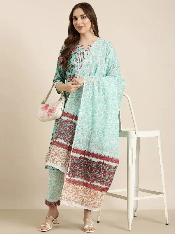 Women Straight Turquoise Blue Floral Kurta and Trousers Set Comes With Dupatta-RJF-030-Turquoiseblue Chinos Cotton Straight Leg Women Straight Turquoise Blue Floral Kurta and Trousers Set Comes With Dupatta-RJF-030-Turquoiseblue Chinos Cotton Straight Leg