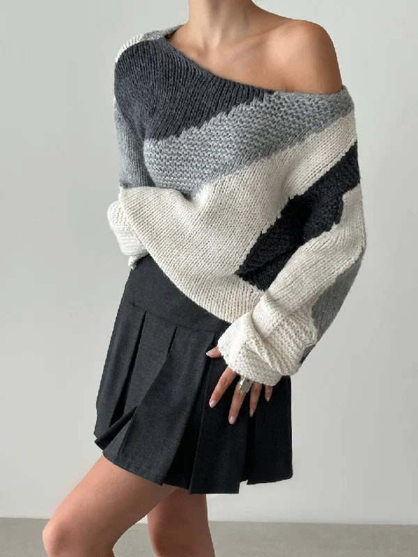 Multicolor Off-Shoulder Sweater - Grey Stylish Fashionable Trendy