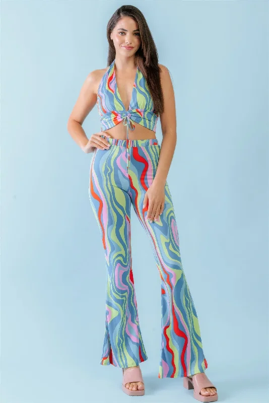 Multicolor Abstract Print Halter V-neck Ruched Open Back Crop Top & High Waist Pants Set Cozy Warm Stylish Multicolor Abstract Print Halter V-neck Ruched Open Back Crop Top & High Waist Pants Set Cozy Warm Stylish