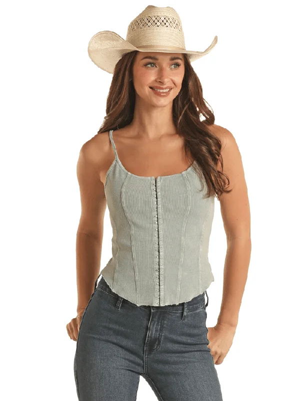 Rock & Roll Denim BW20T03249 Womens Rib Tank With Mineral Wash Jade Green teal tank top