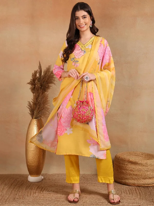 Women's Yellow Cotton Blend Floral Printed Straight Kurta Trouser With Dupatta - Ahika Trousers sophisticated sleek Women's Yellow Cotton Blend Floral Printed Straight Kurta Trouser With Dupatta - Ahika Trousers sophisticated sleek