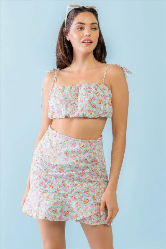 Mint Fuchsia Print Cotton Sleeveless Strappy Crop Top & High Waist Wrap Hem Mini Skirt Set Fashionable Trendy Casual Mint Fuchsia Print Cotton Sleeveless Strappy Crop Top & High Waist Wrap Hem Mini Skirt Set Fashionable Trendy Casual