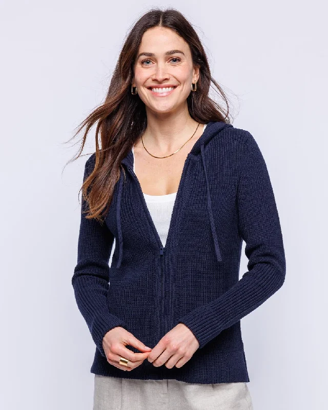 Womans Cotton Fisherman Zippered Hoodie in Navy - order size down, runs large Hoodie with Hem Ribbing Snug Secure