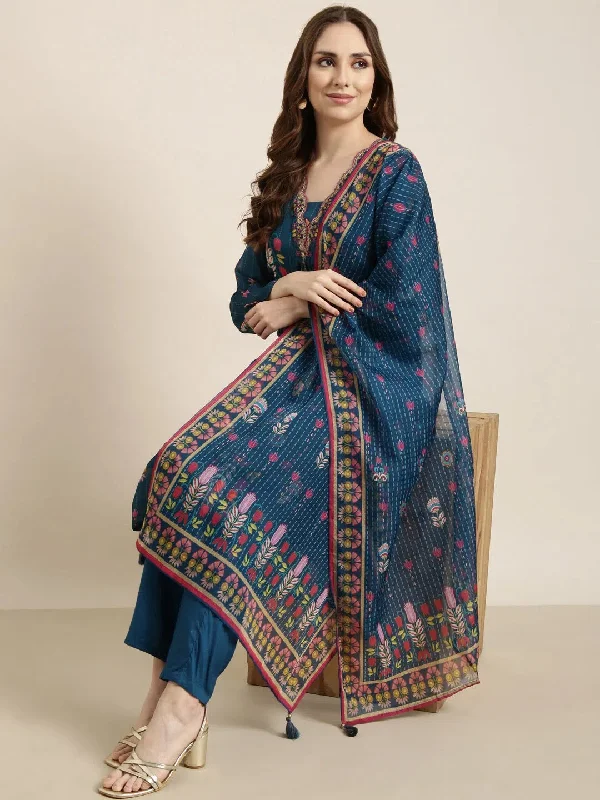 Women Straight Blue Floral Kurta and Trousers Set Comes With Dupatta-GW-4555-Blue Trousers Bootcut Casual Women Straight Blue Floral Kurta and Trousers Set Comes With Dupatta-GW-4555-Blue Trousers Bootcut Casual