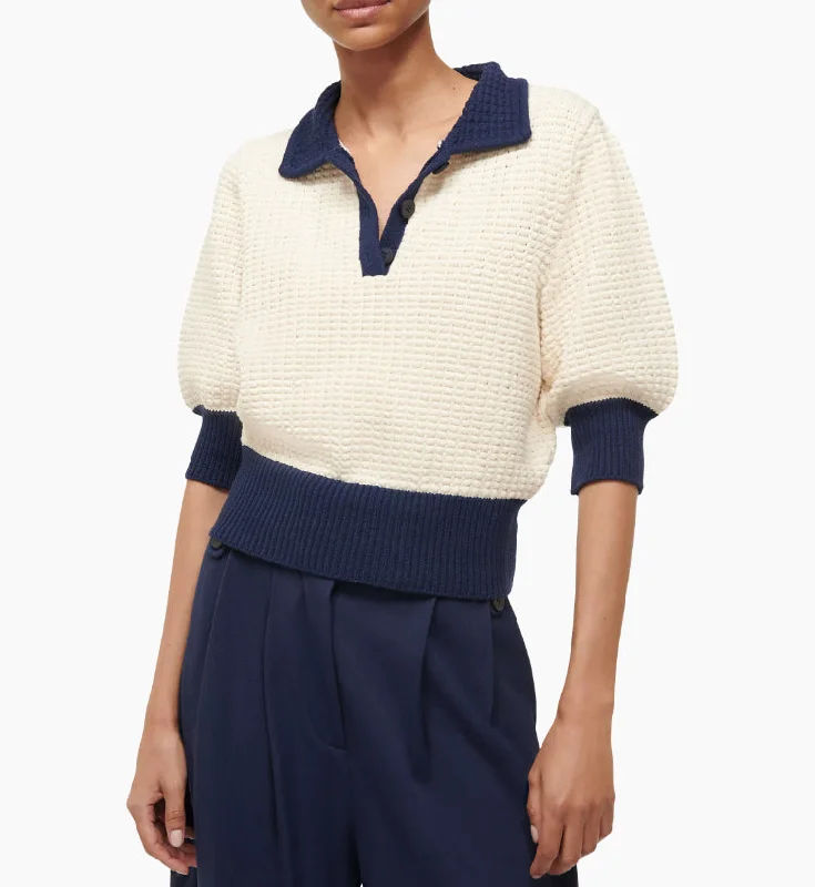 Staud Women's Altea Sweater, Ivory/Navy Embroidered Appliqued Beaded
