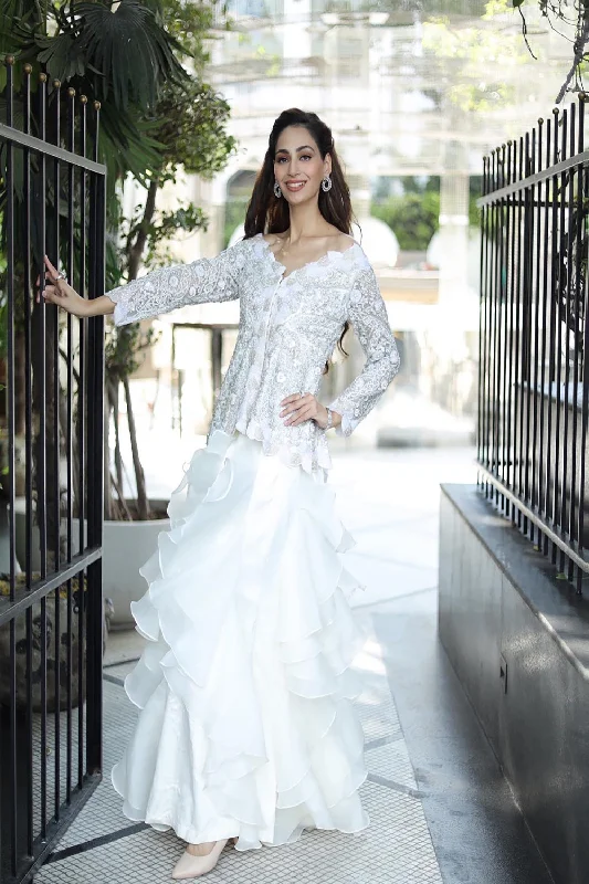 Alia White - Off Shoulder Peplum Top And Ruffle Skirt Set corduroy skirt durable