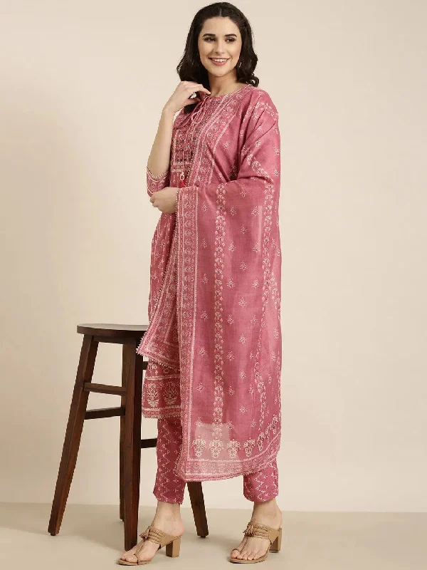 Women Straight Pink Ethnic Motifs Kurta and Trousers Set Comes With Dupatta-TF-DG-246-Pink Trousers Culottes Wide Leg Women Straight Pink Ethnic Motifs Kurta and Trousers Set Comes With Dupatta-TF-DG-246-Pink Trousers Culottes Wide Leg