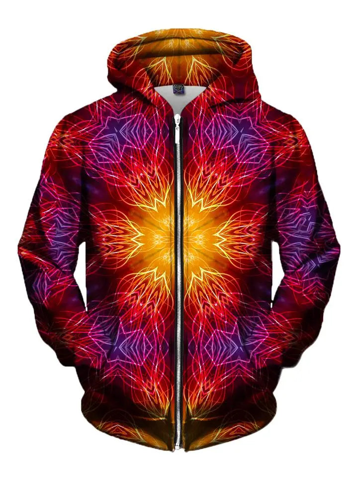 Mandala Madness Electric Fire Zip-Up Hoodie Hoodie with Relaxed Fit Easy Casual