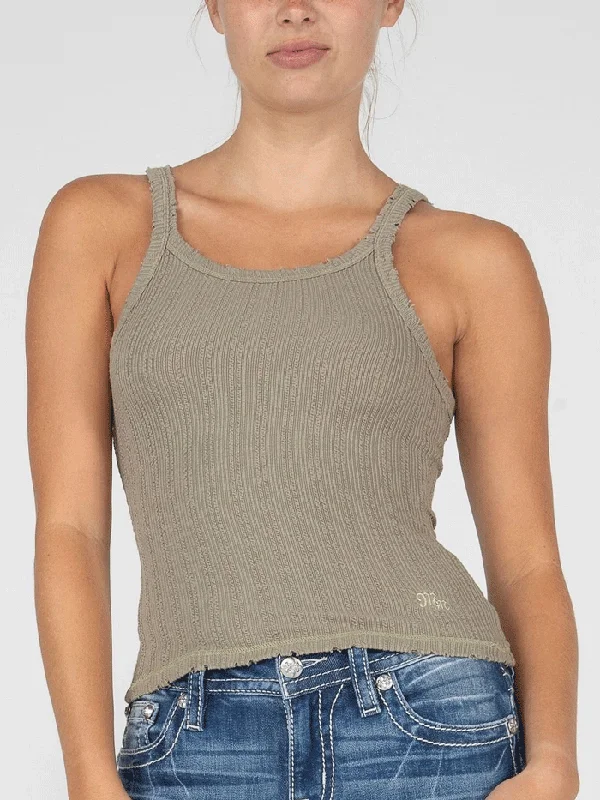 Miss Me MT2821T-OLV Womens Ribbed Cropped Tank Top Olive Green metallic tank top