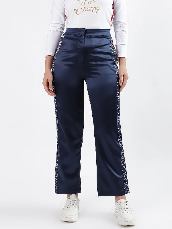 Iconic Women Navy Blue Solid Regular Fit Trouser Trousers Top Rated