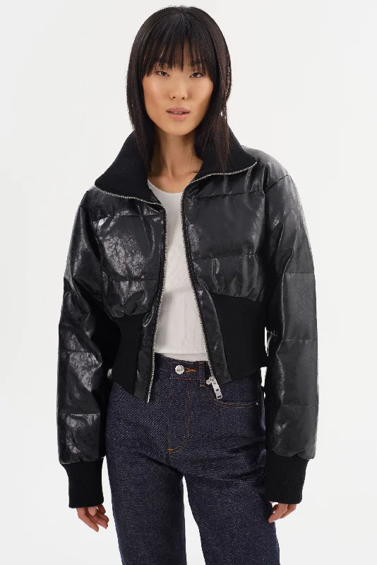 LUMINA | Cropped Faux Leather Puffer Jacket Satin Jacket Silk Jacket Chiffon Jacket