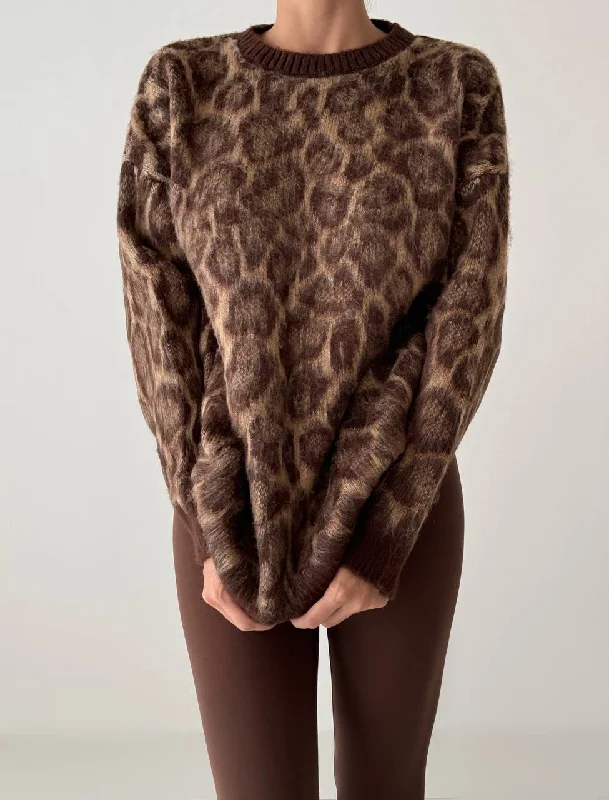 Leopard Knit Sweater - Brown Casual Formal Business