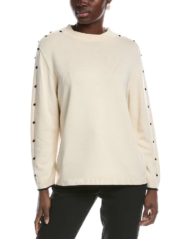 St. John Bobble Intarsia Pointelle Knit Mock Neck Sweater Ribbed Striped Patterned