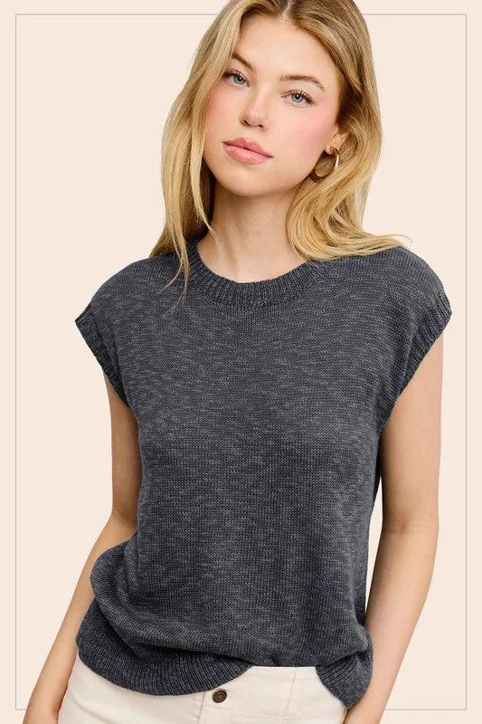 Treasured Times Dark Grey Sleeveless Ribbed Knit Sweater Top Solid Color Striped Floral Print Treasured Times Dark Grey Sleeveless Ribbed Knit Sweater Top Solid Color Striped Floral Print