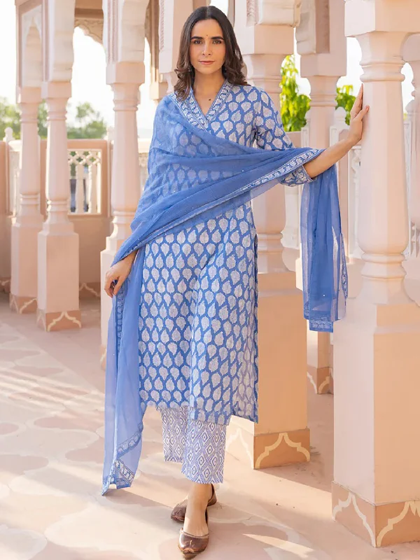 Women's Blue Viscose Rayon Paisley Printed Straight Kurta Trouser With Dupatta - Ahika Trousers stylish elegant Women's Blue Viscose Rayon Paisley Printed Straight Kurta Trouser With Dupatta - Ahika Trousers stylish elegant